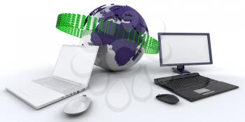 Royalty Free Clipart Image of a Globe Between Two Computers