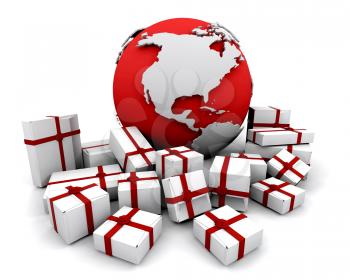 Royalty Free Clipart Image of a Stack of Gifts Around a Globe