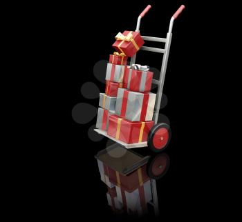 Royalty Free Clipart Image of a Dolly Full of Christmas Presents