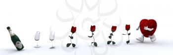 Royalty Free Clipart Image of a Furry Hearts, Roses, Flutes and Champagne in a Row
