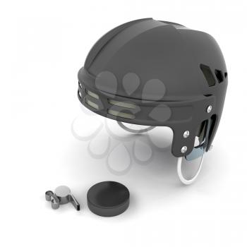 Royalty Free Clipart Image of a Hockey Referee's Helmet, Whistle and Puck