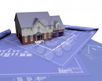 Royalty Free Clipart Image of a House on Blueprints