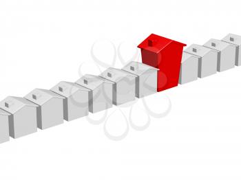 Royalty Free Clipart Image of One Large Red House Among Small White Ones