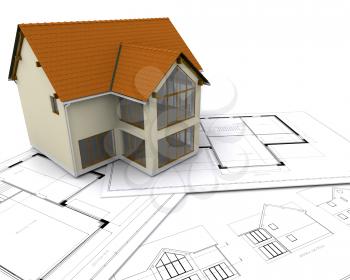 Royalty Free Clipart Image of a Modern House on Blueprints