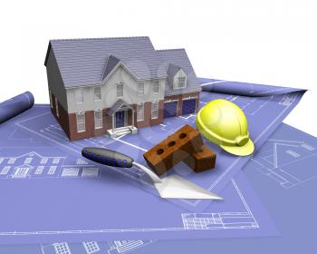 3D render of a house on blueprints with construction tools