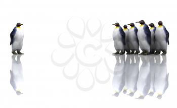 Royalty Free Clipart Image of a Group of Penguins With One in Front Looking Back