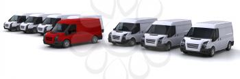 Royalty Free Clipart Image of a Fleet of Vans With One in the Centre