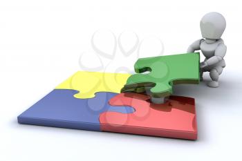 Royalty Free Clipart Image of a Guy Connecting Puzzle Pieces