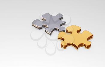 Royalty Free Clipart Image of a Silver and a Gold Puzzle Piece