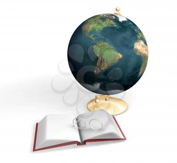 Royalty Free Clipart Image of a Globe and Book With Glasses on Top