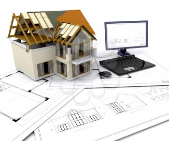 Royalty Free Clipart Image of a House Under Construction and a Computer on Blueprints