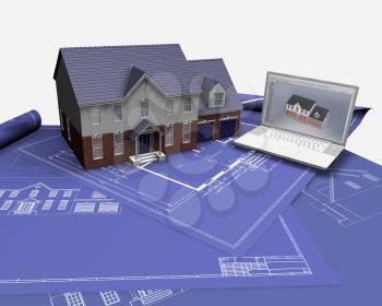 Royalty Free Clipart Image of a House and Laptop on Blueprints