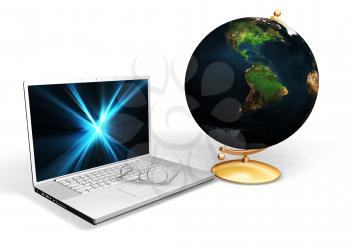 Royalty Free Clipart Image of a Globe, Glasses and Laptop