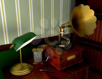 Royalty Free Clipart Image of a Retro Room With a Gramophone
