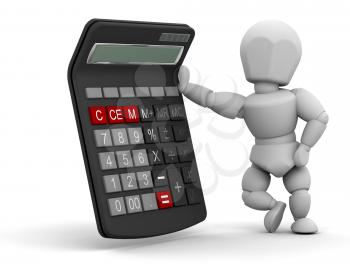 Royalty Free Clipart Image of a 3D Guy Next to a Calculator