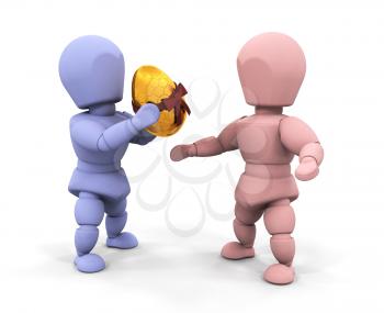 Royalty Free Clipart Image of a Blue 3D Person Giving a Golden Egg to a Pink 3D Person