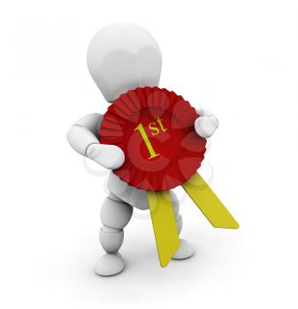 Royalty Free Clipart Image of a 3D Person Holding a First Place Ribbon