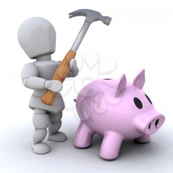 Royalty Free Clipart Image of a Man About to Smash a Piggy Bank With a Hammer