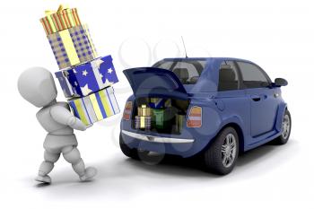 Royalty Free Clipart Image of a Person Carrying Gifts to a Car