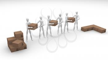 Royalty Free Clipart Image of a Group of People Working Together to Pile Boxes
