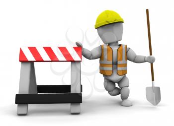 Royalty Free Clipart Image of a Worker in a Hardhat With a Shovel at a Barricade