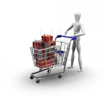 Royalty Free Clipart Image of a Person Pushing a Shopping Cart Full of Gifts