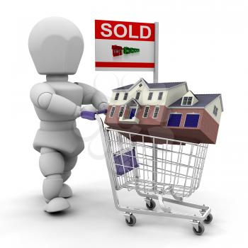 Royalty Free Clipart Image of a Guy Wheeling a House in a Shopping Cart With a Sold Sign on It