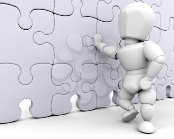 Royalty Free Clipart Image of a Person Standing at a Puzzle Wall