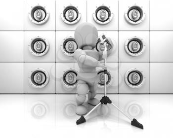 Royalty Free Clipart Image of a Person Singing In Front of a Wall of Speakers