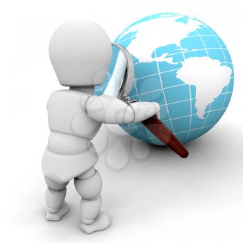 Royalty Free Clipart Image of a Person Looking at a Globe Through a Magnifying Glass