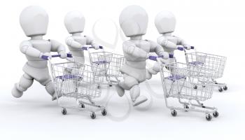 Royalty Free Clipart Image of People Running With Shopping Carts