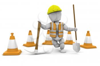 Royalty Free Clipart Image of a Construction Worker With a Spade and Pickax