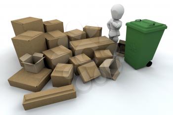 Royalty Free Clipart Image of a Person By Boxes and a Recycling Bin
