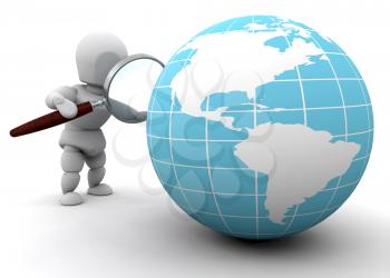 Royalty Free Clipart Image of a Person Looking at a Globe With a Magnifying Glass