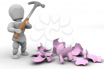 Royalty Free Clipart Image of a Person Who Has Broken a Piggy Bank With a Hammer