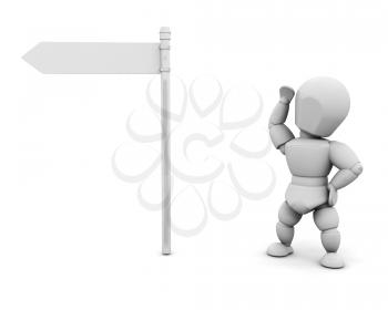 Royalty Free Clipart Image of a Guy Looking at a Blank Signpost