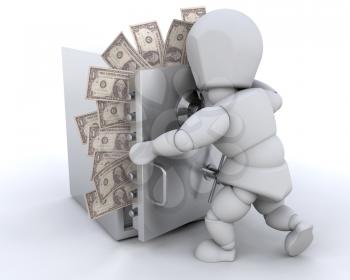 Royalty Free Clipart Image of a Person Stashing Money into a Safe