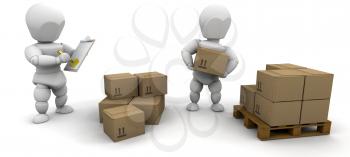 Royalty Free Clipart Image of a Person Stacking Boxes While Another Writes on a Clipboard