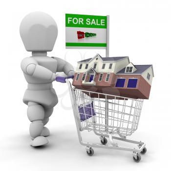 Royalty Free Clipart Image of a Person With a House in a Grocery Cart