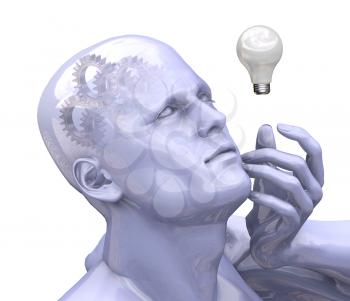 Royalty Free Clipart Image of a Man With Gears in His Head and a Lightbulb Beside Hime