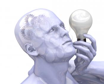 Royalty Free Clipart Image of a Man With Gears in His Head and a Lightbulb Beside Hime