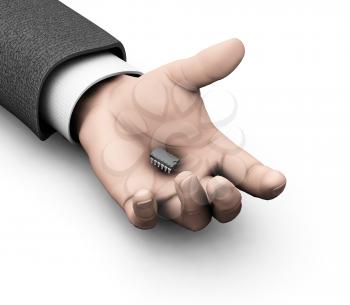 Royalty Free Clipart Image of a Microchip in a Man's Hand