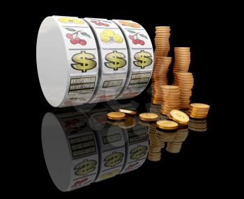 Royalty Free Clipart Image of a Fruit Machine Reel With Dollar Signs Showing and Coins