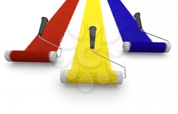 Royalty Free Clipart Image of Paint Rollers in Primary Colours