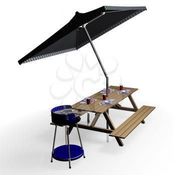 Royalty Free Clipart Image of a Picnic Table With Umbrella and Barbecue