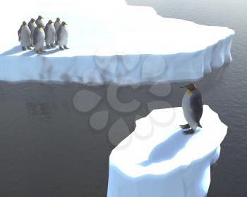 Royalty Free Clipart Image of Penguins With One Stuck Alone on an Iceberg