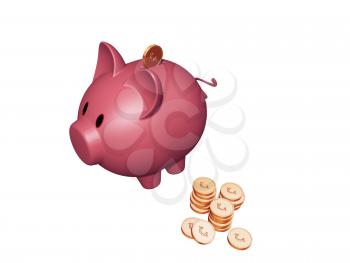 Royalty Free Clipart Image of a Piggy Bank With Coins Beside It