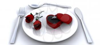 Royalty Free Clipart Image of a Place Setting With Roses and an Engagement Ring