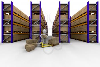 Royalty Free Clipart Image of a Person Stacking Boxes in a Warehouse