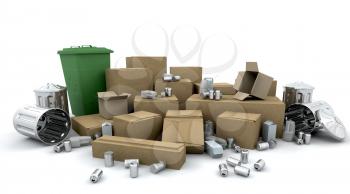 Royalty Free Clipart Image of a Boxes, Bins, Cans and Trash Ready For Recycling